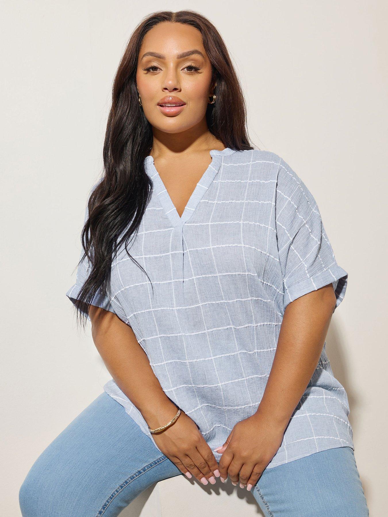 Image 1 of 5 of Yours Curve Notchneck Short Sleeve Blouse - Blue