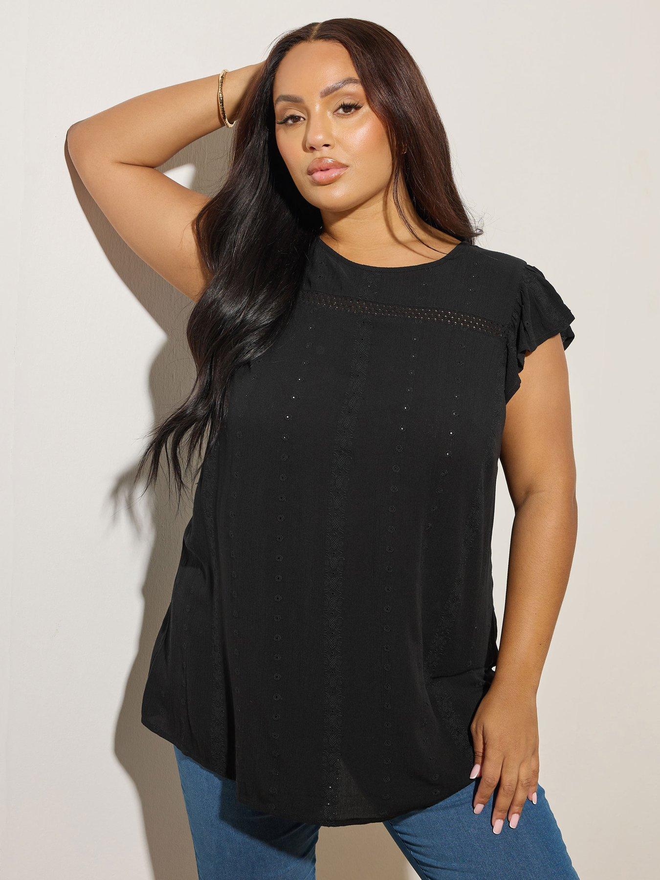 undefined Curve Embroidered Crinkle Top - Black