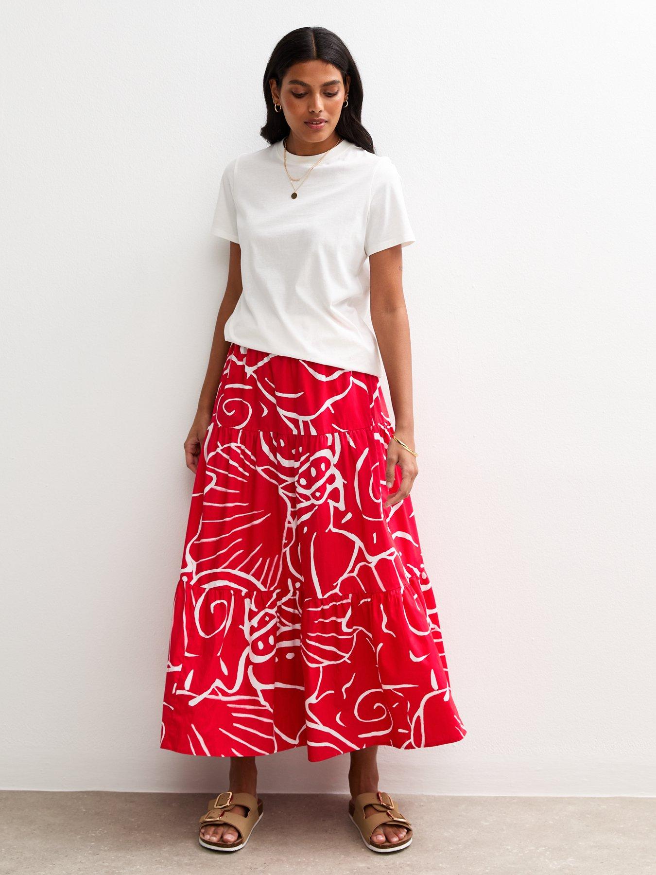 undefined Red Shell Print Poplin Tiered Midi Skirt