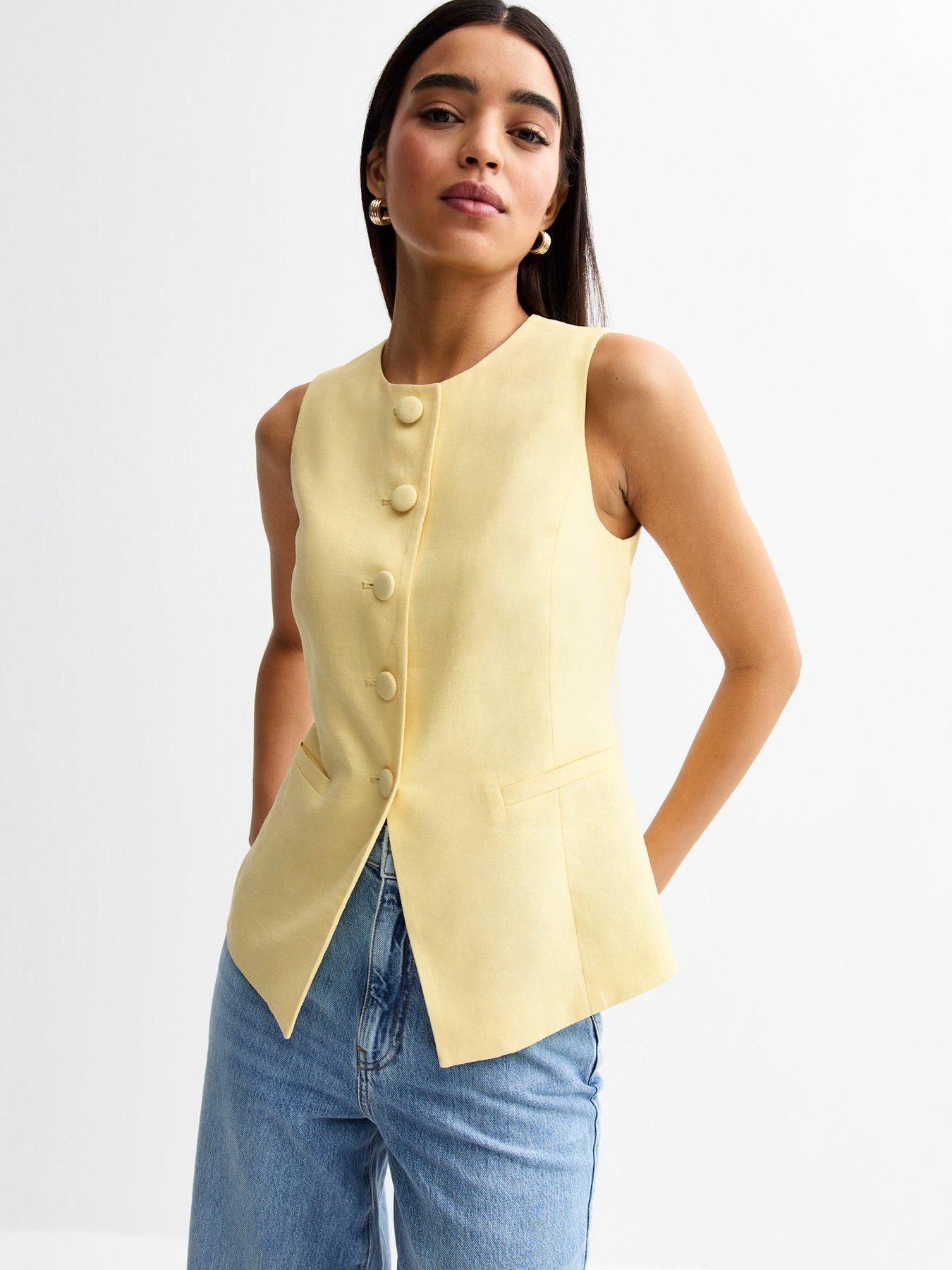undefined Crew Neck Linen Blend Waistcoat - Yellow