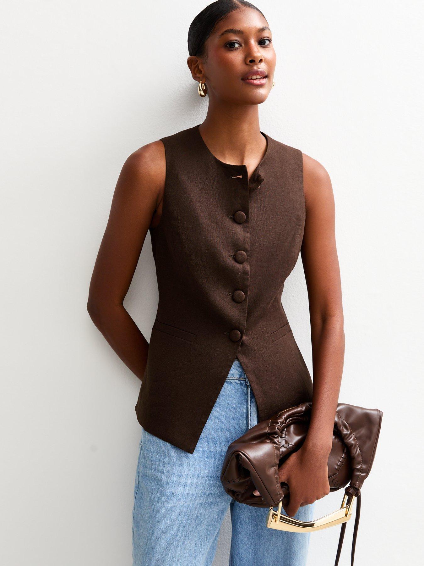 undefined Crew Neck Linen Blend Waistcoat - Brown