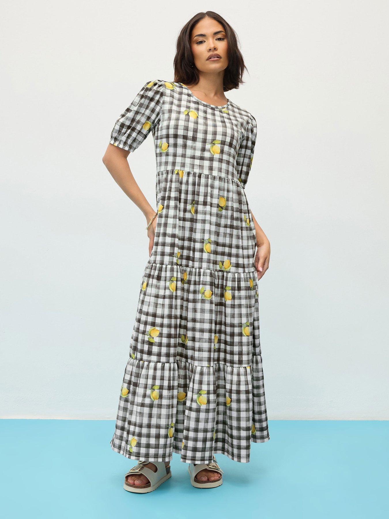 undefined Petite Lemon Gingham Tiered Dress - Black