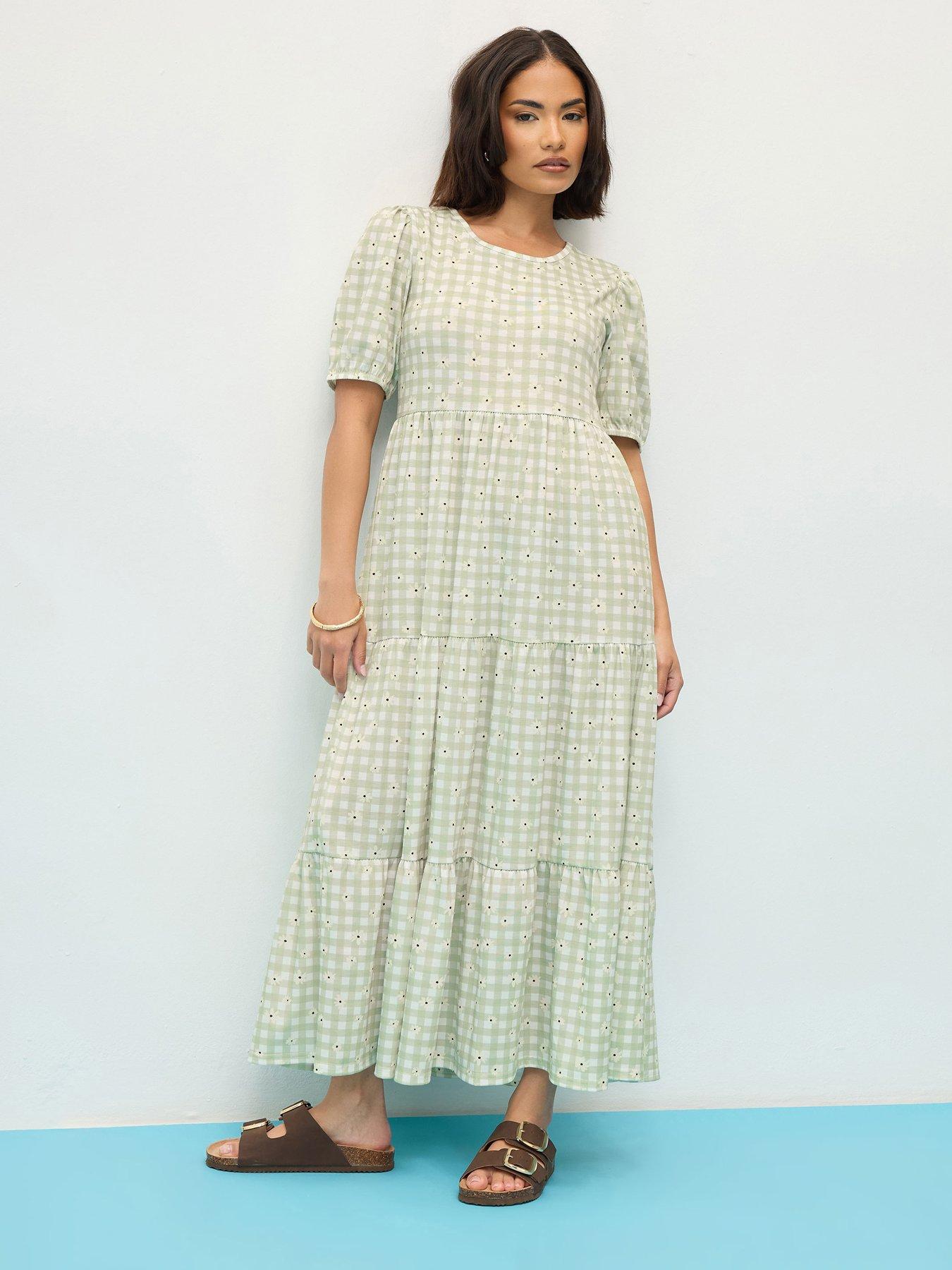 undefined Petite Gingham Daisy Tiered Dress - Green