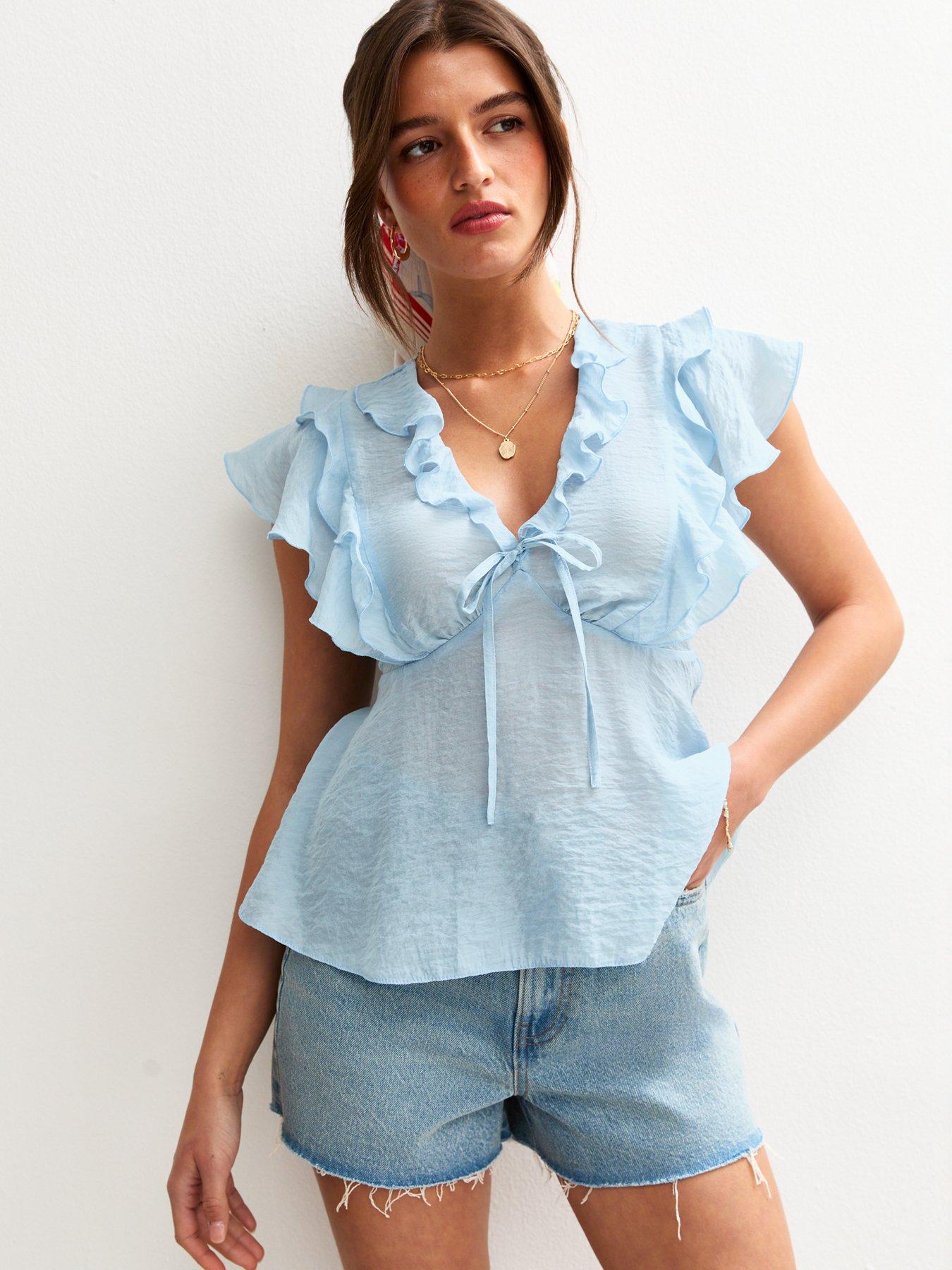 New Look Light Blue Crinkle Texture Frill Trim Cap Sleeve Top