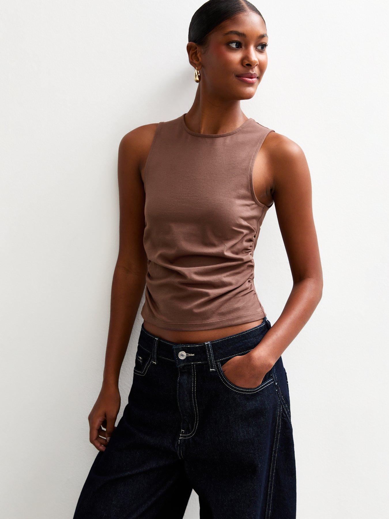 New Look Dark Brown Ruched Waist Sleeveless Tank Top