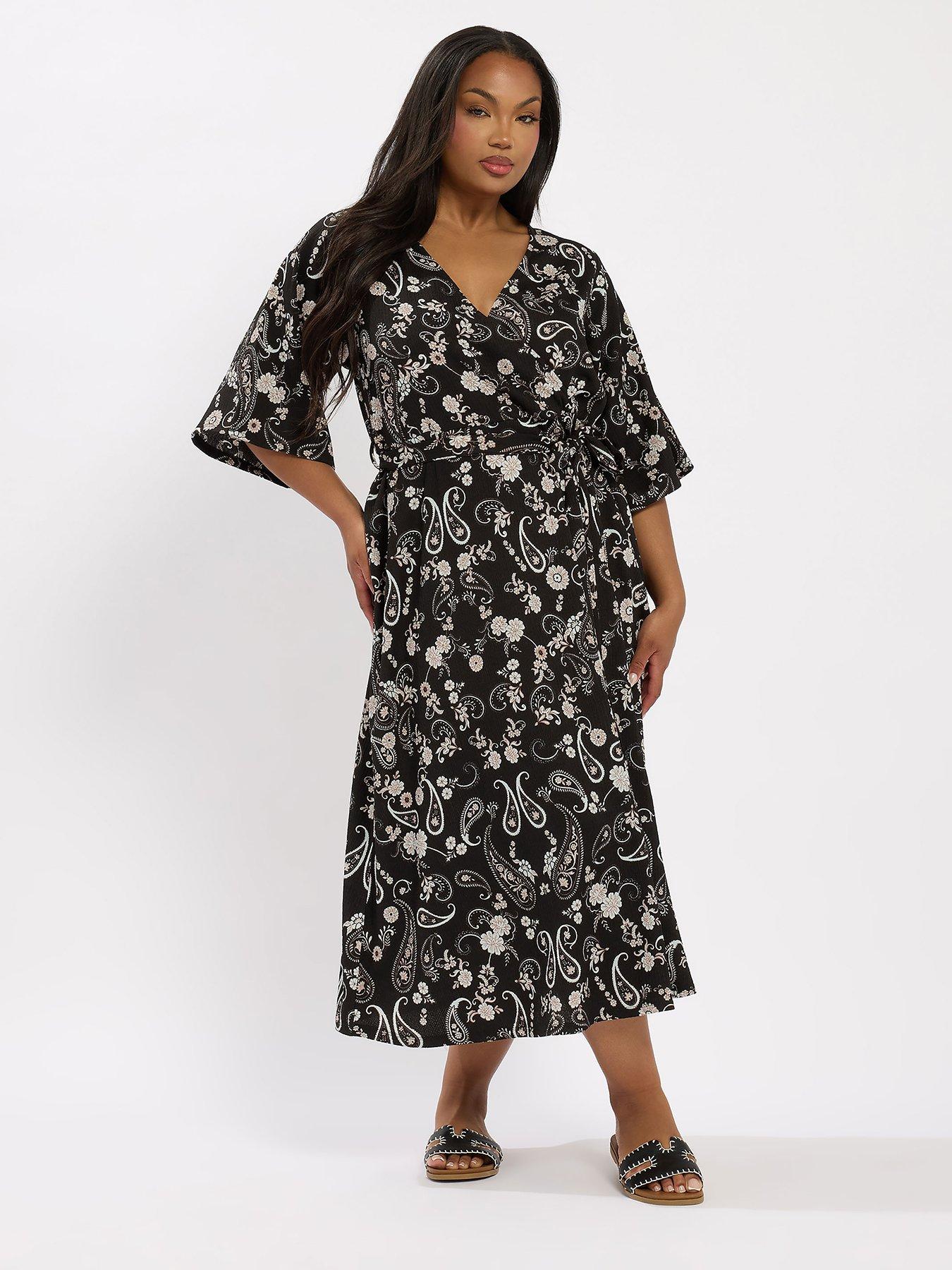 Yours Curve Wrap Kimono Dress - Black | Littlewoods