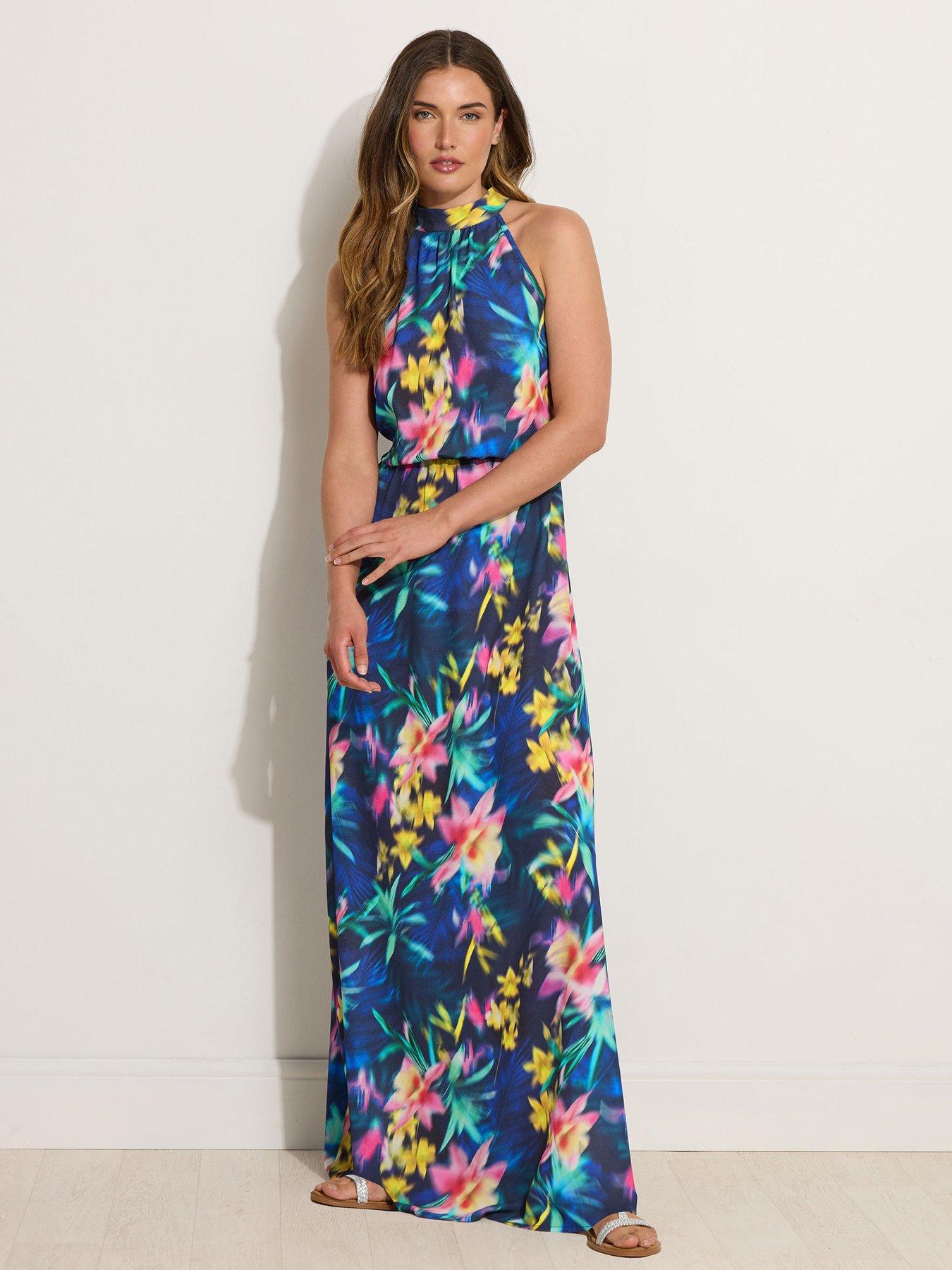 undefined Tall Navy Blue Abstract Floral Halter Neck Maxi Dress