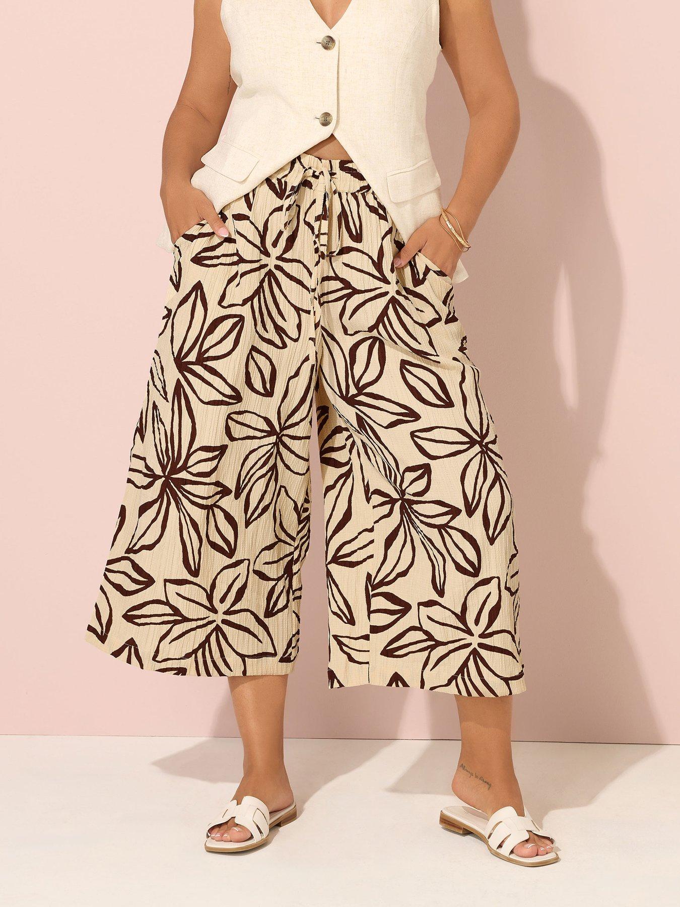 undefined Curve Stone Brown Textured Floral Midaxi Culottes - Natural