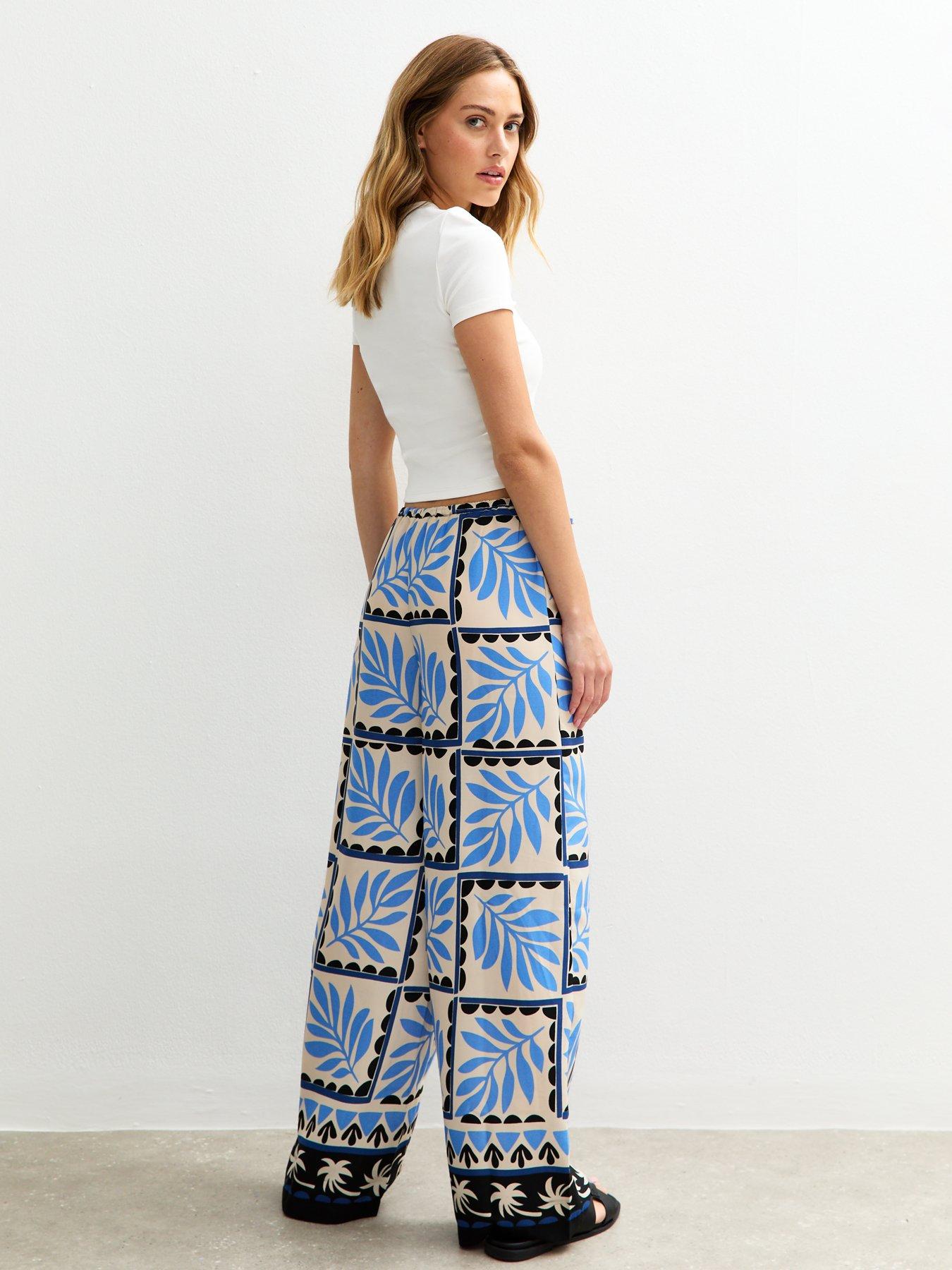 Image 2 of 4 of New Look Blue Crepe Palm Print Wide Leg Trousers