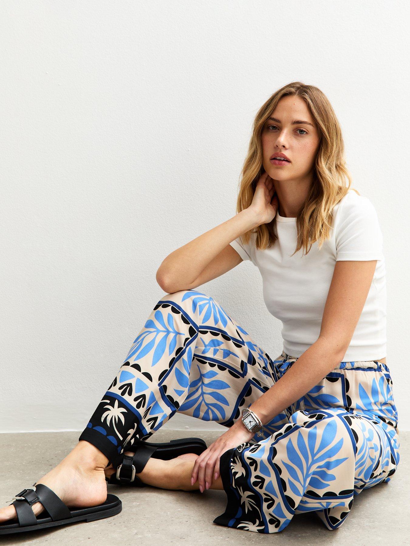 Image 3 of 4 of New Look Blue Crepe Palm Print Wide Leg Trousers