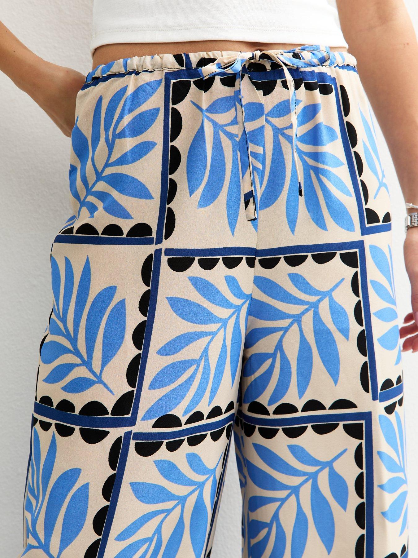 Image 4 of 4 of New Look Blue Crepe Palm Print Wide Leg Trousers