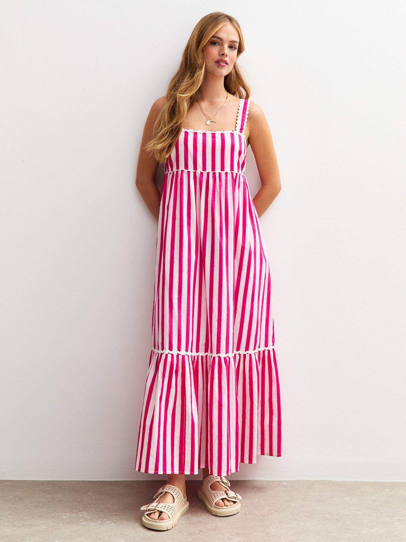 New Look Pink Striped Scalloped Edge Midi Dress | Littlewoods