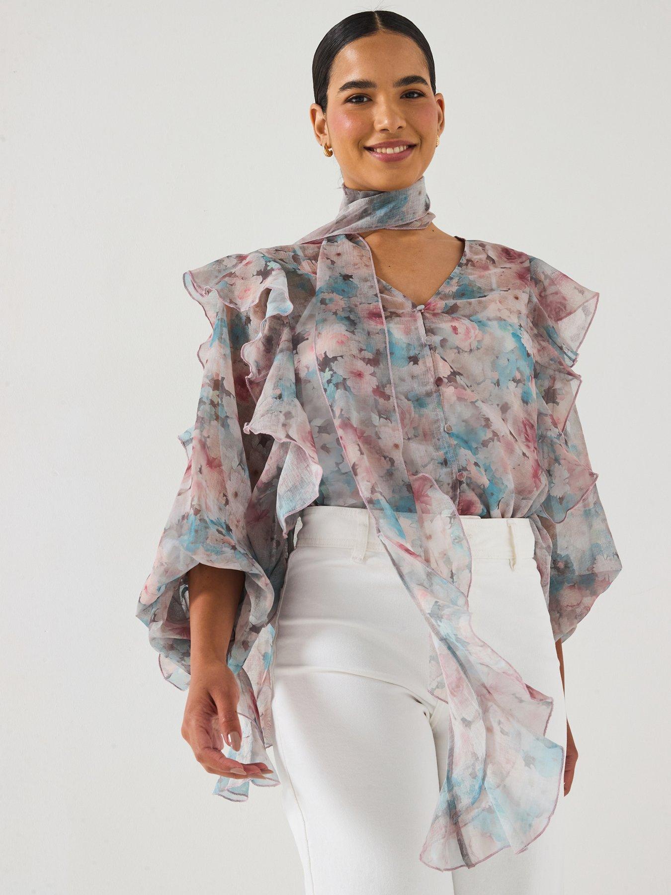 Vero Moda Sabrina Long Sleeve Scarf Neck Flounce Top - Multi Floral
