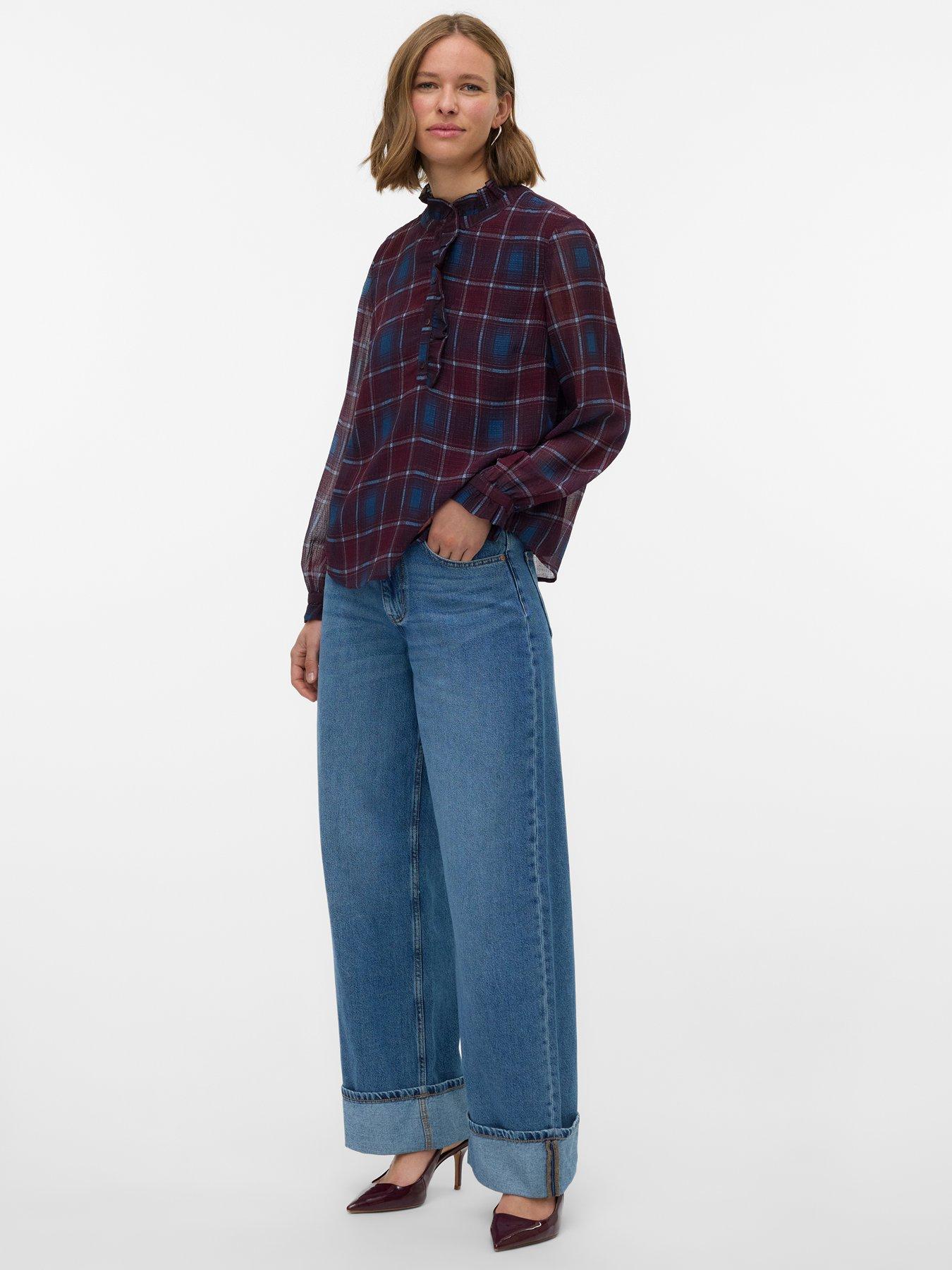 Image 3 of 4 of Vero Moda Long Sleeve Check Top - Dark Red