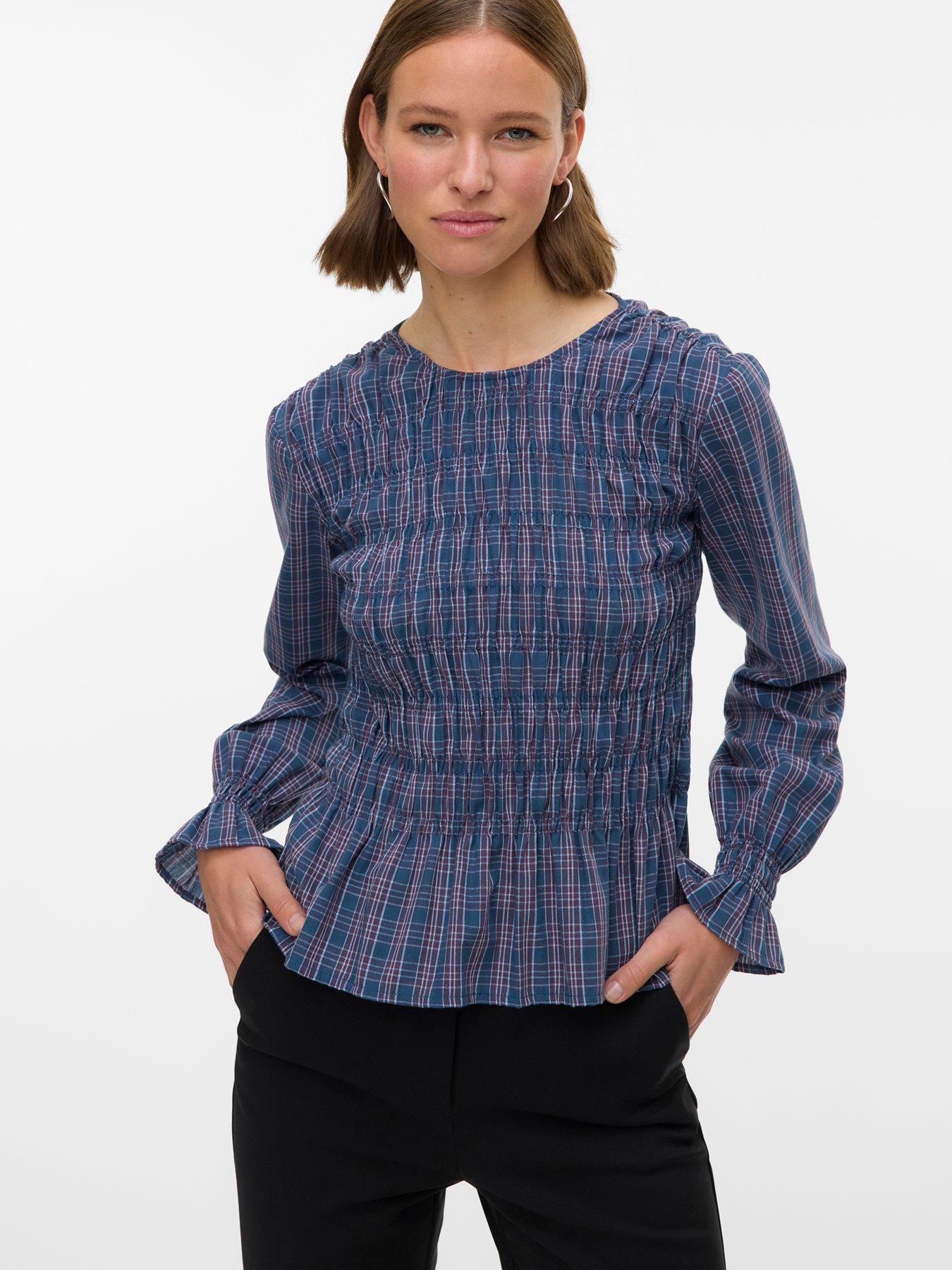 Vero Moda Long Sleeve Check Print Shirred Top - Blue