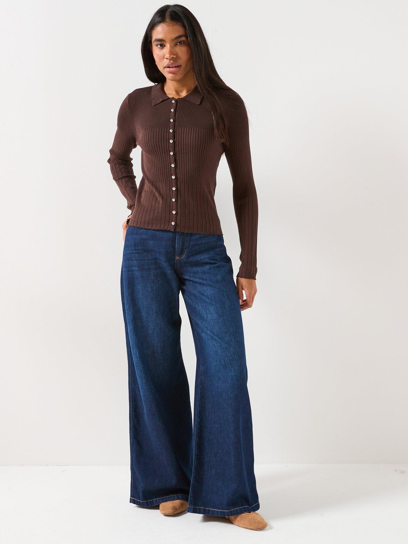  image of vero-moda-siri-long-sleeve-polo-top-brown