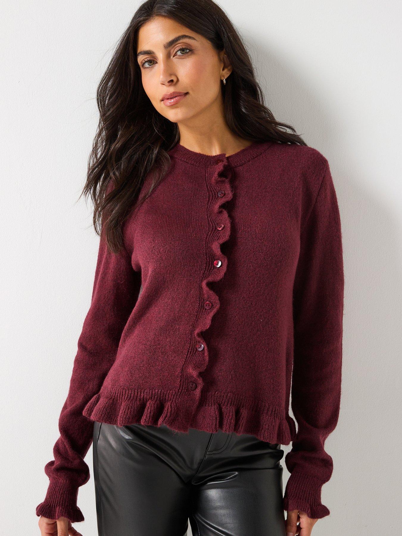 Image 1 of 5 of JDY Long Sleeve Frill Knitted Cardigan - Burgundy