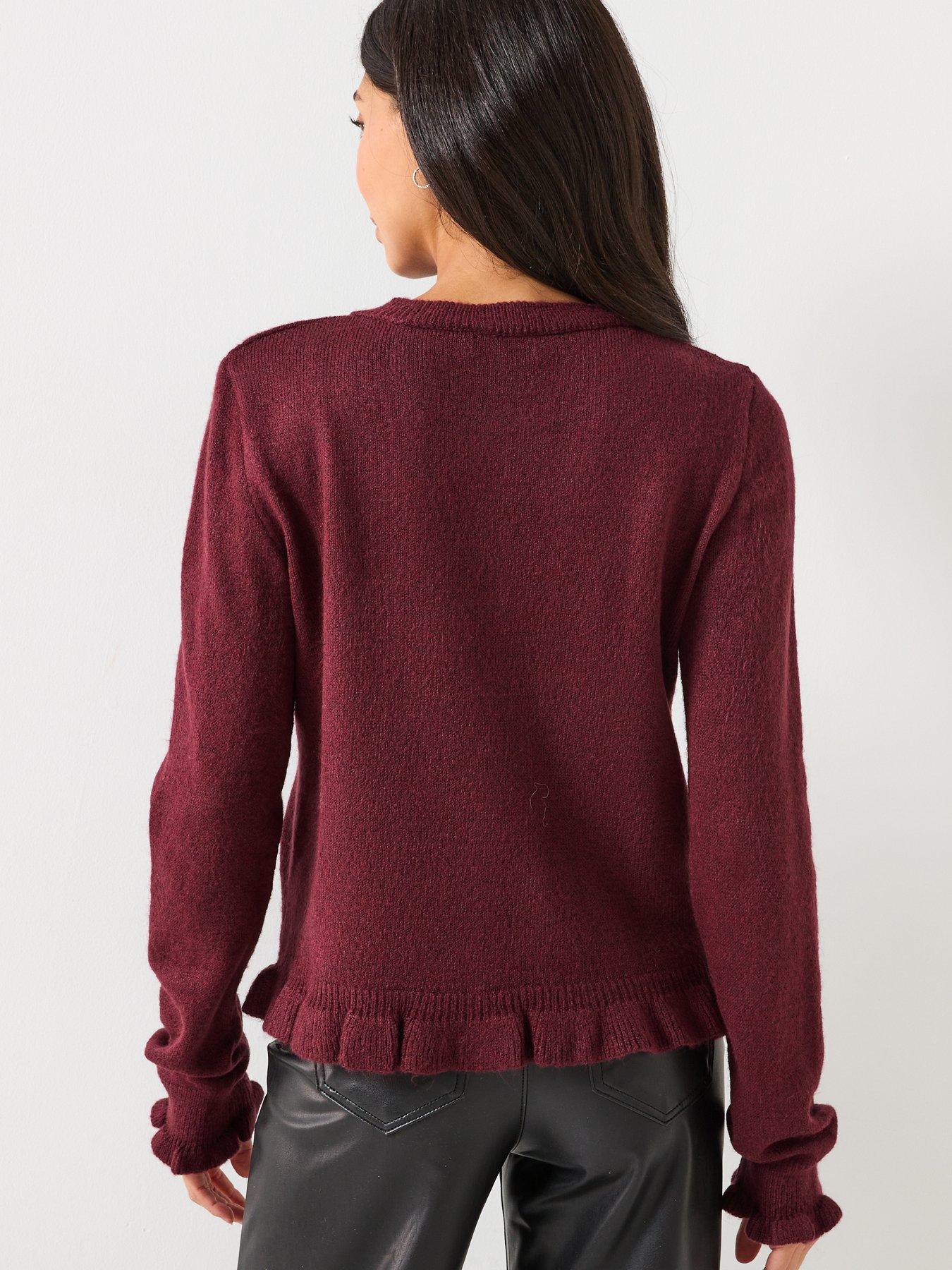 Image 2 of 5 of JDY Long Sleeve Frill Knitted Cardigan - Burgundy