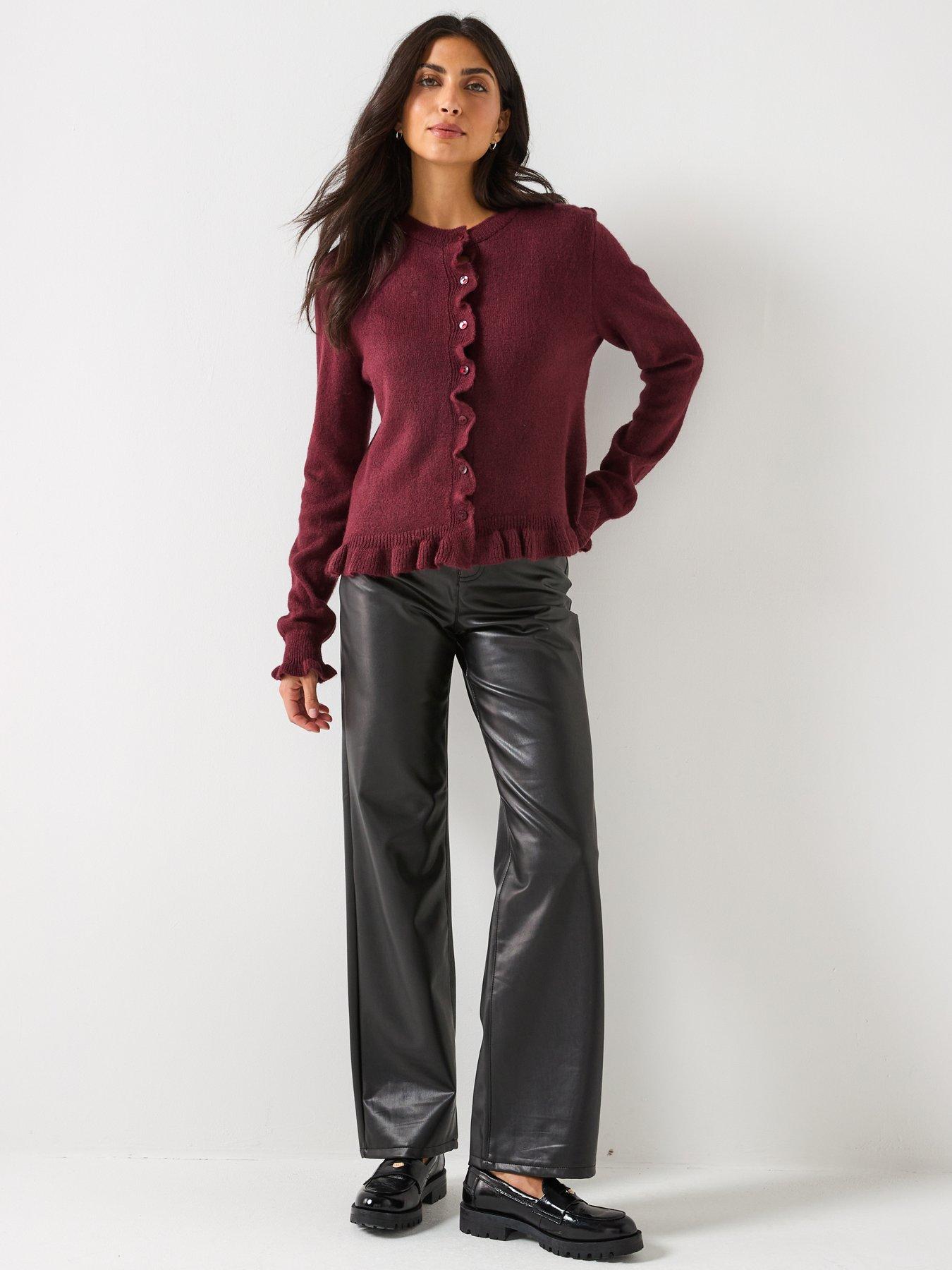 Image 3 of 5 of JDY Long Sleeve Frill Knitted Cardigan - Burgundy