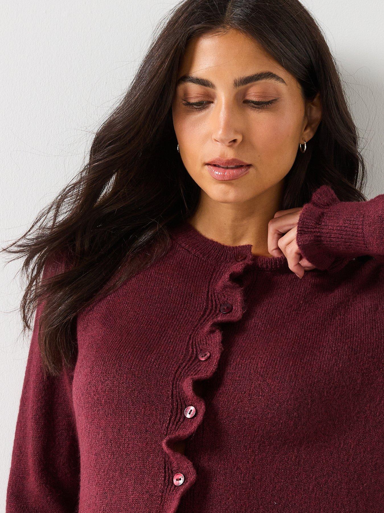 Image 4 of 5 of JDY Long Sleeve Frill Knitted Cardigan - Burgundy