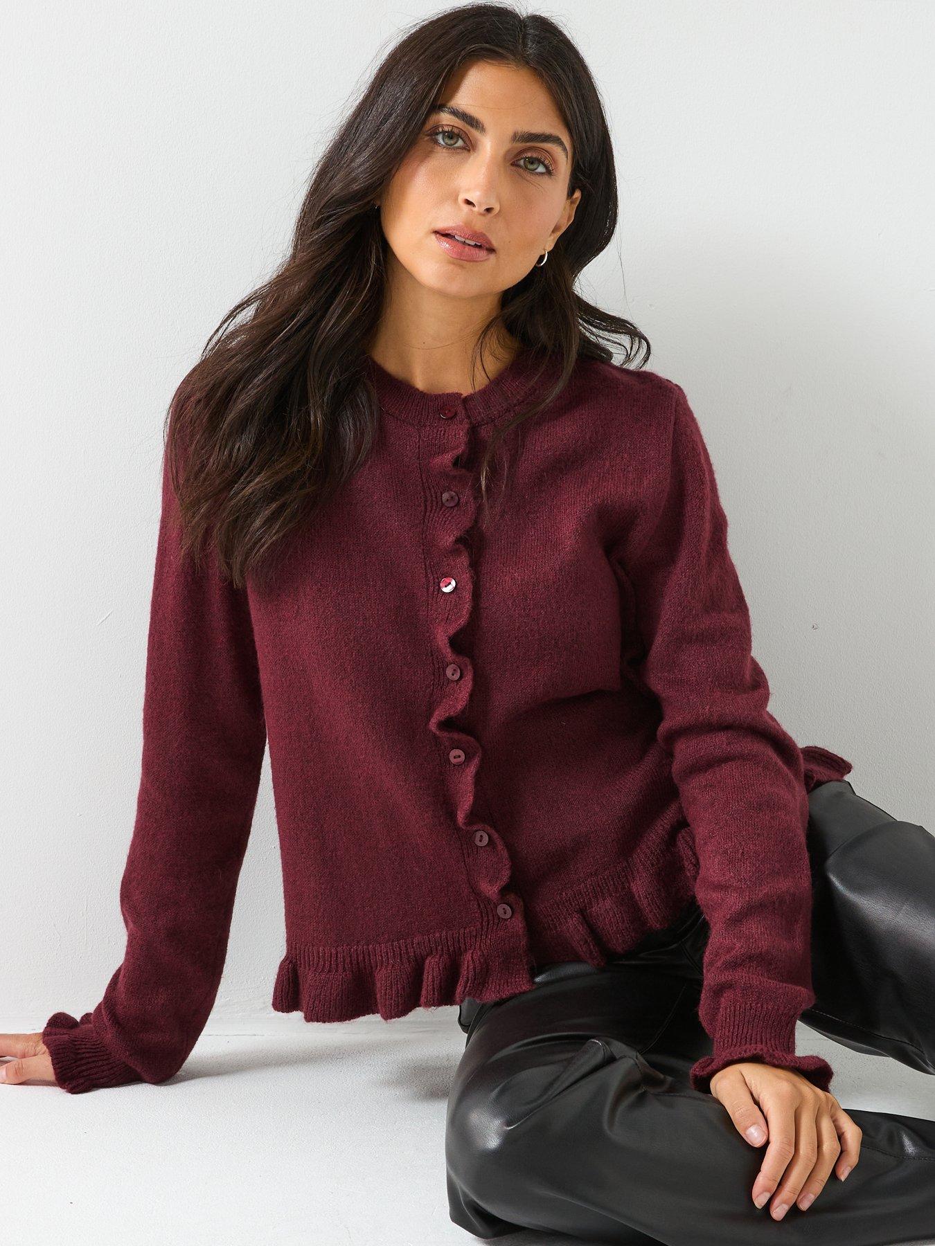 Image 5 of 5 of JDY Long Sleeve Frill Knitted Cardigan - Burgundy