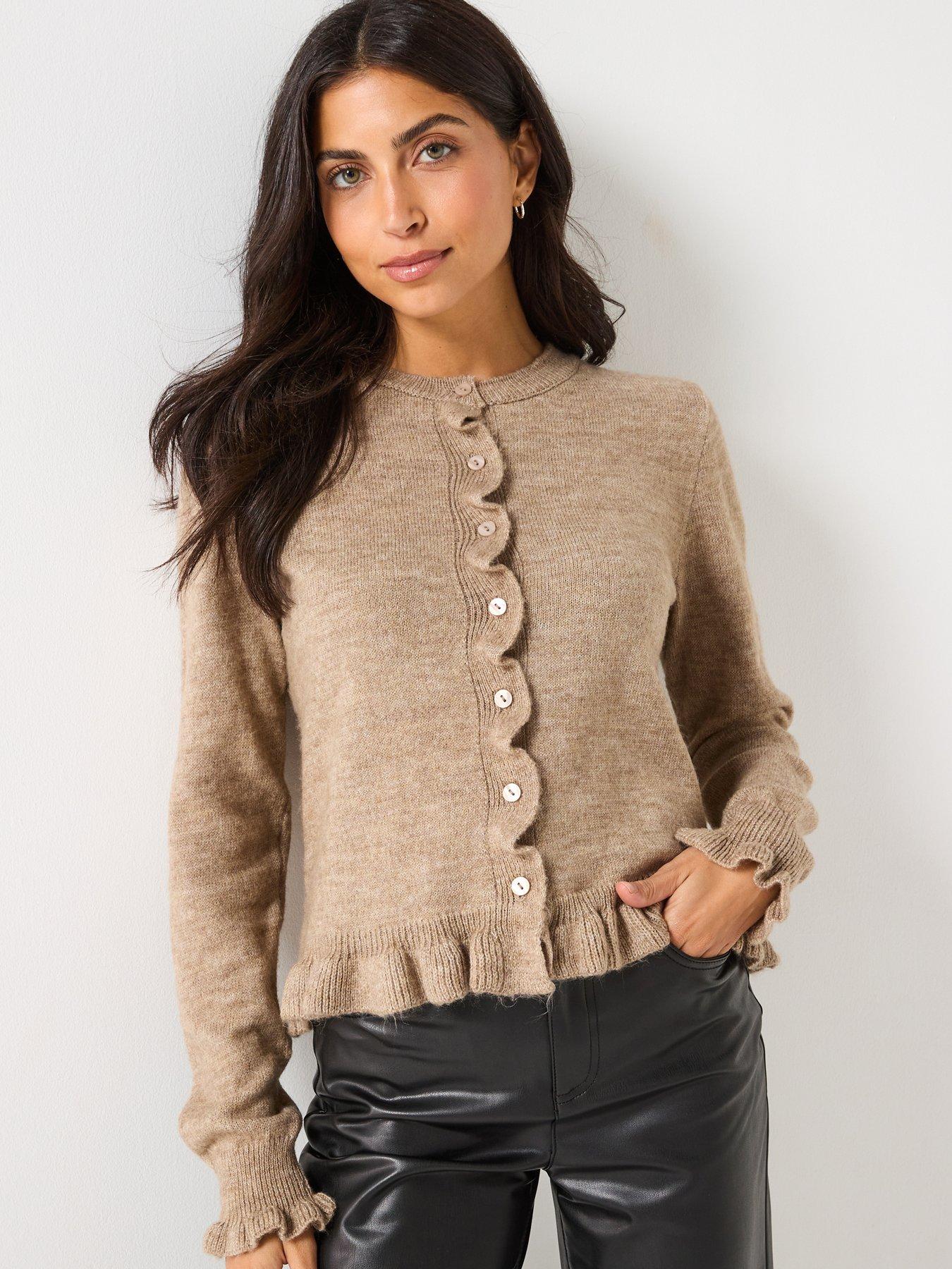 JDY Long Sleeve Frill Knitted Cardigan - Beige