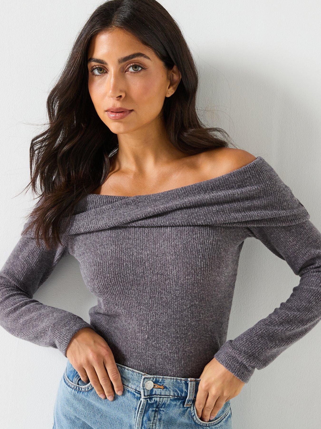  image of vero-moda-kaia-long-sleeve-off-shoulder-top-grey