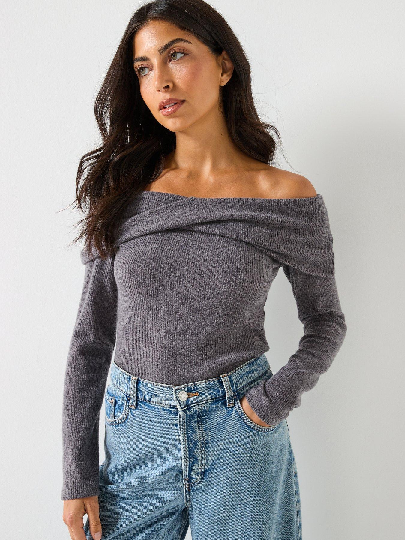  image of vero-moda-kaia-long-sleeve-off-shoulder-top-grey