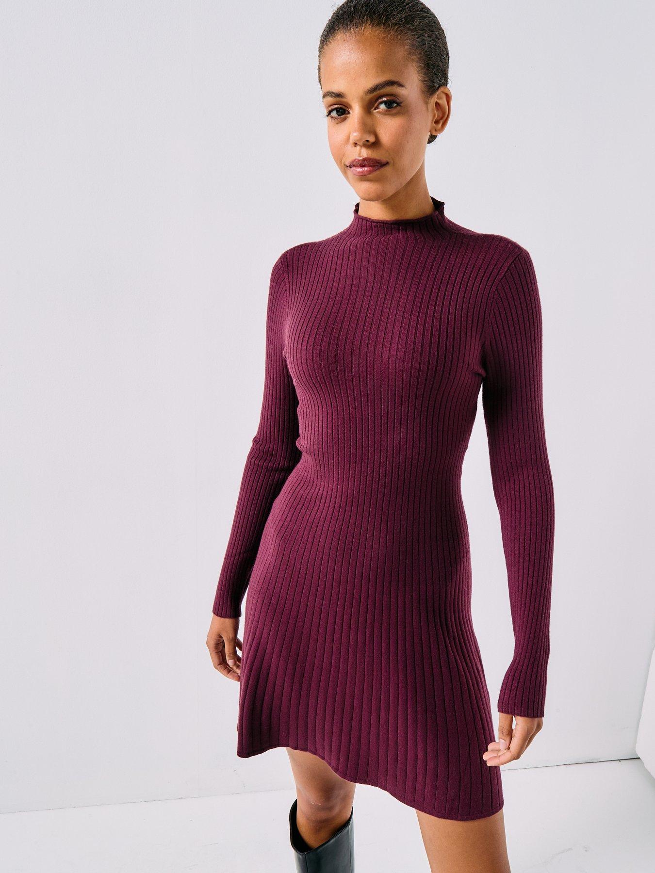 Vero Moda Ribbed Long Sleeve Funnel Neck Skater Dress - Red