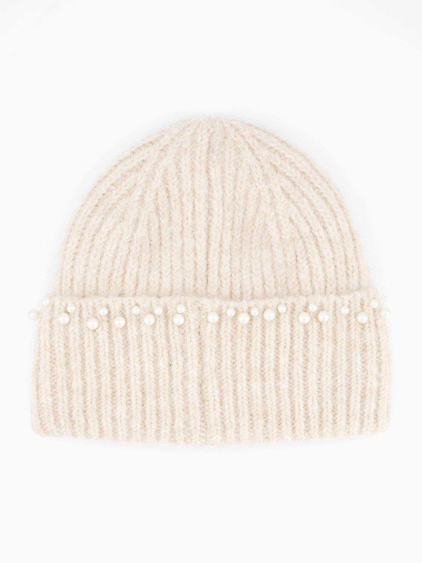  image of pieces-pearl-detail-beanie-cream