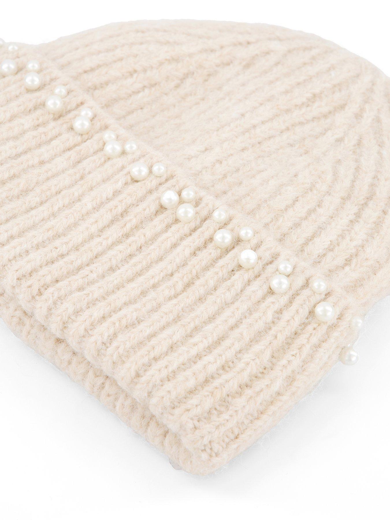  image of pieces-pearl-detail-beanie-cream
