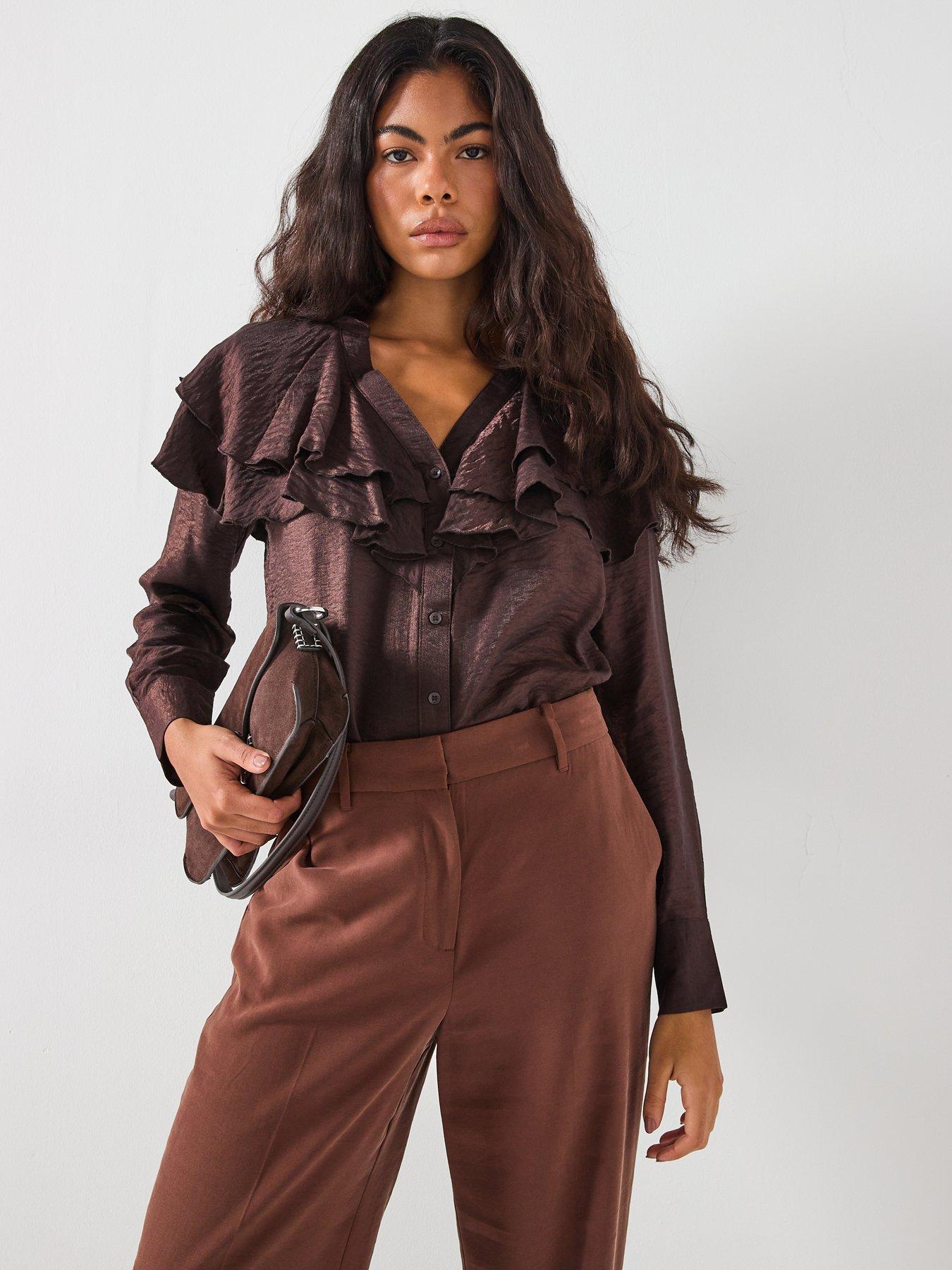 Vero Moda Lizzi Long Sleeve Flounce Top - Brown