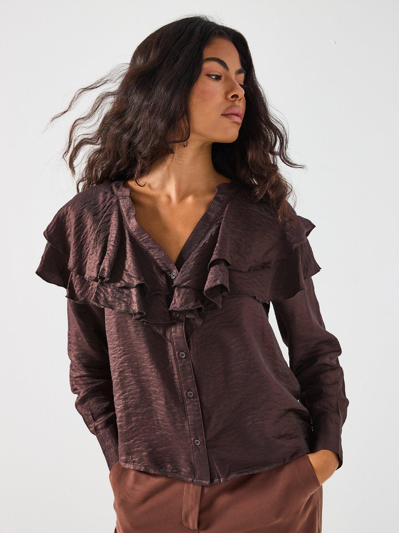 Image 6 of 6 of Vero Moda Lizzi Long Sleeve Flounce Top - Brown