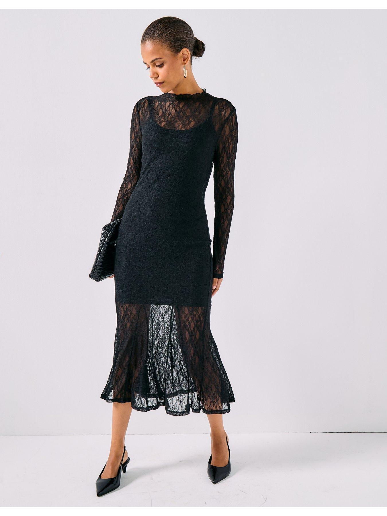  image of aware-tessy-long-sleeve-high-neck-lace-midi-dress-black