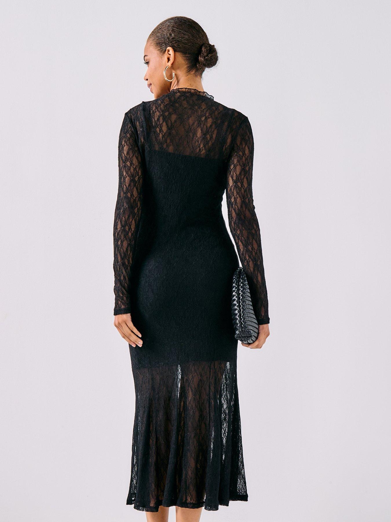  image of aware-tessy-long-sleeve-high-neck-lace-midi-dress-black