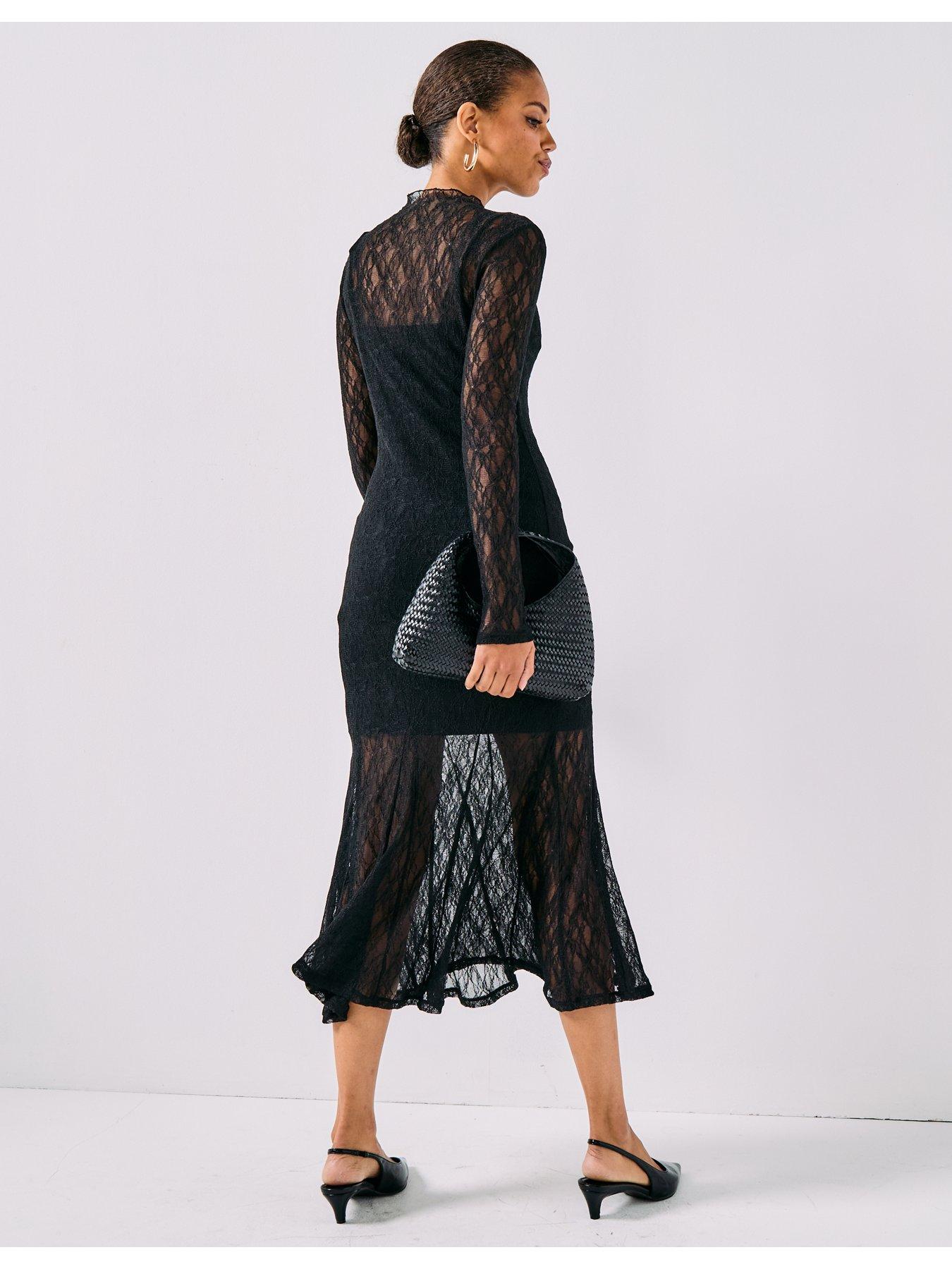  image of aware-tessy-long-sleeve-high-neck-lace-midi-dress-black