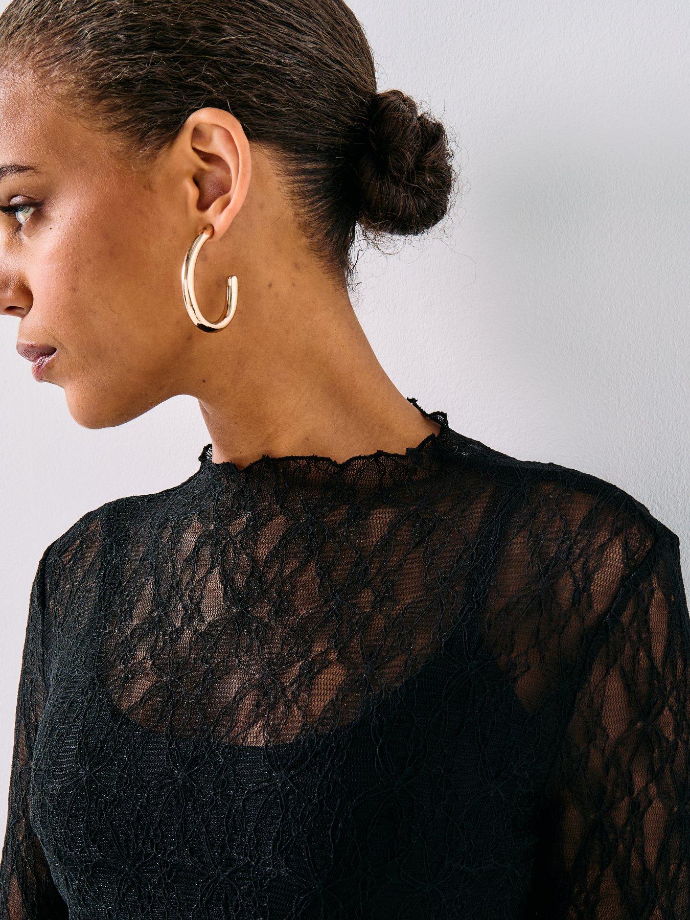  image of aware-tessy-long-sleeve-high-neck-lace-midi-dress-black