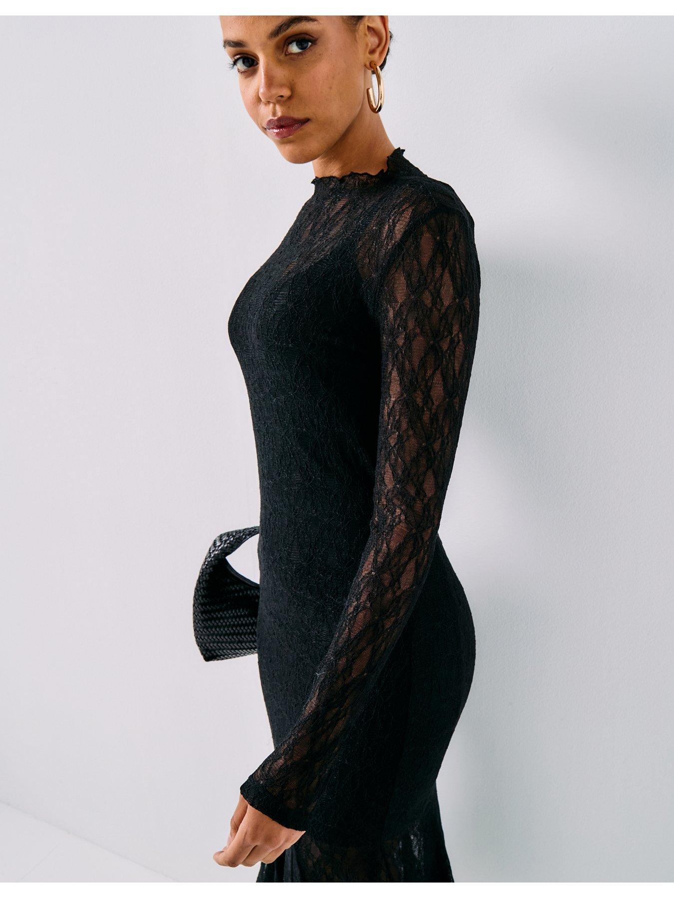  image of aware-tessy-long-sleeve-high-neck-lace-midi-dress-black