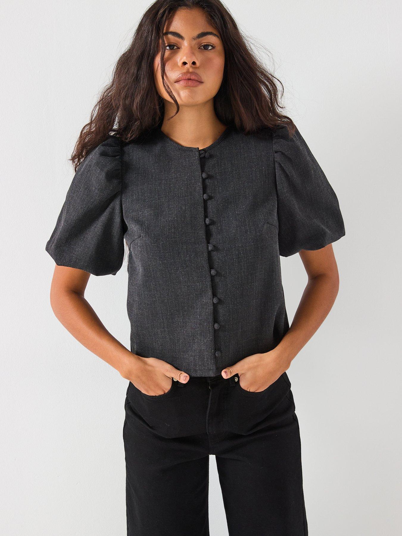 front image of vero-moda-vera-moda-puff-sleeve-top-grey