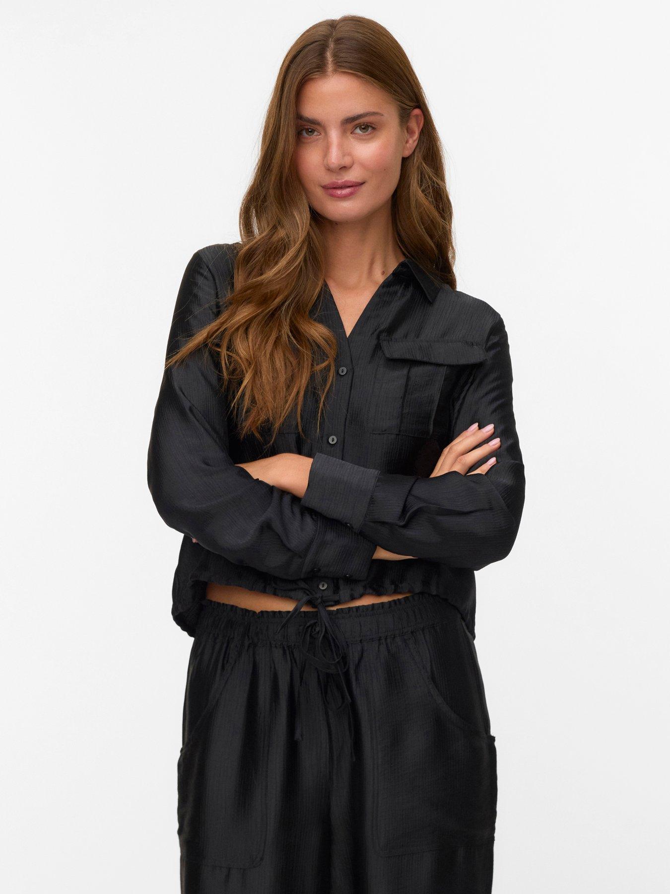  image of vero-moda-toma-long-sleeve-tie-shirt-black