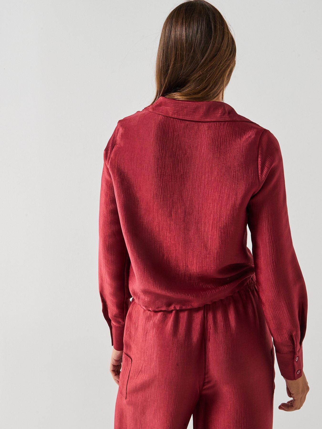 Image 2 of 6 of Vero Moda Toma Long Sleeve Tie Shirt - Red