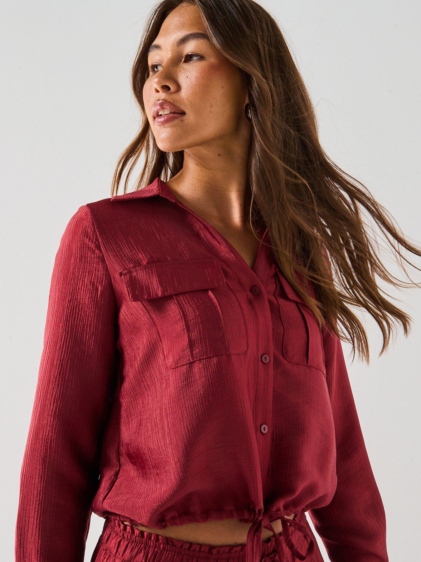 Image 4 of 6 of Vero Moda Toma Long Sleeve Tie Shirt - Red