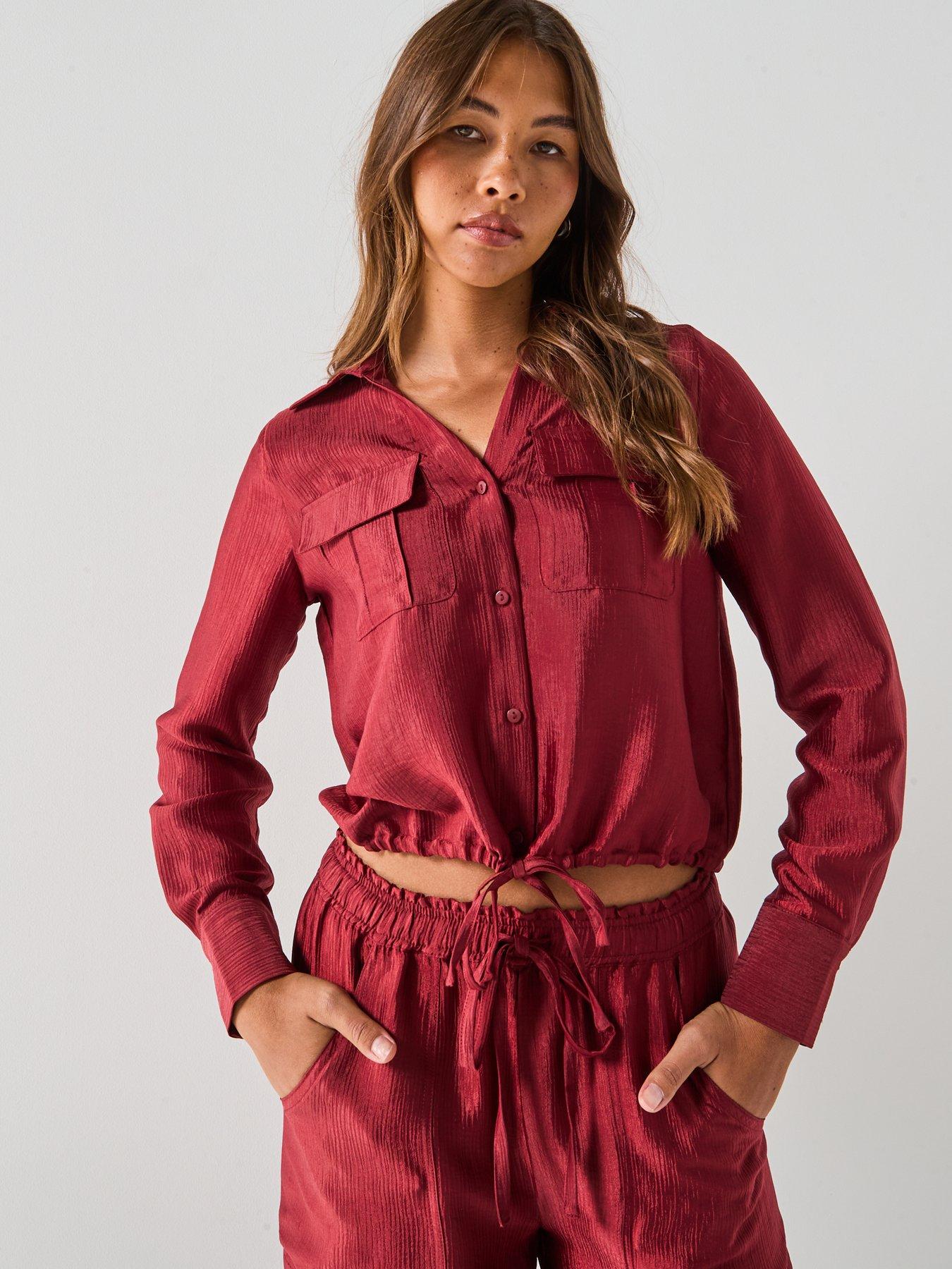 Image 5 of 6 of Vero Moda Toma Long Sleeve Tie Shirt - Red