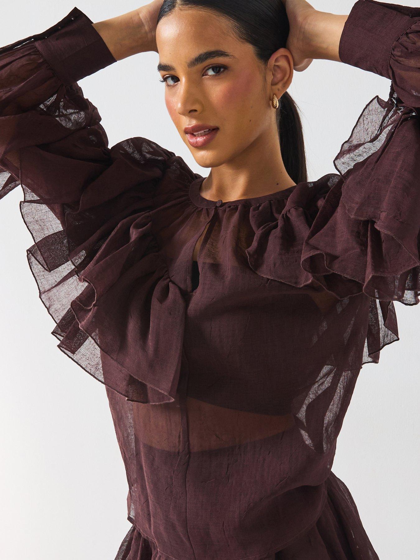 Vero Moda Sabrina Long Sleeve O Neck Flounce Top - Brown