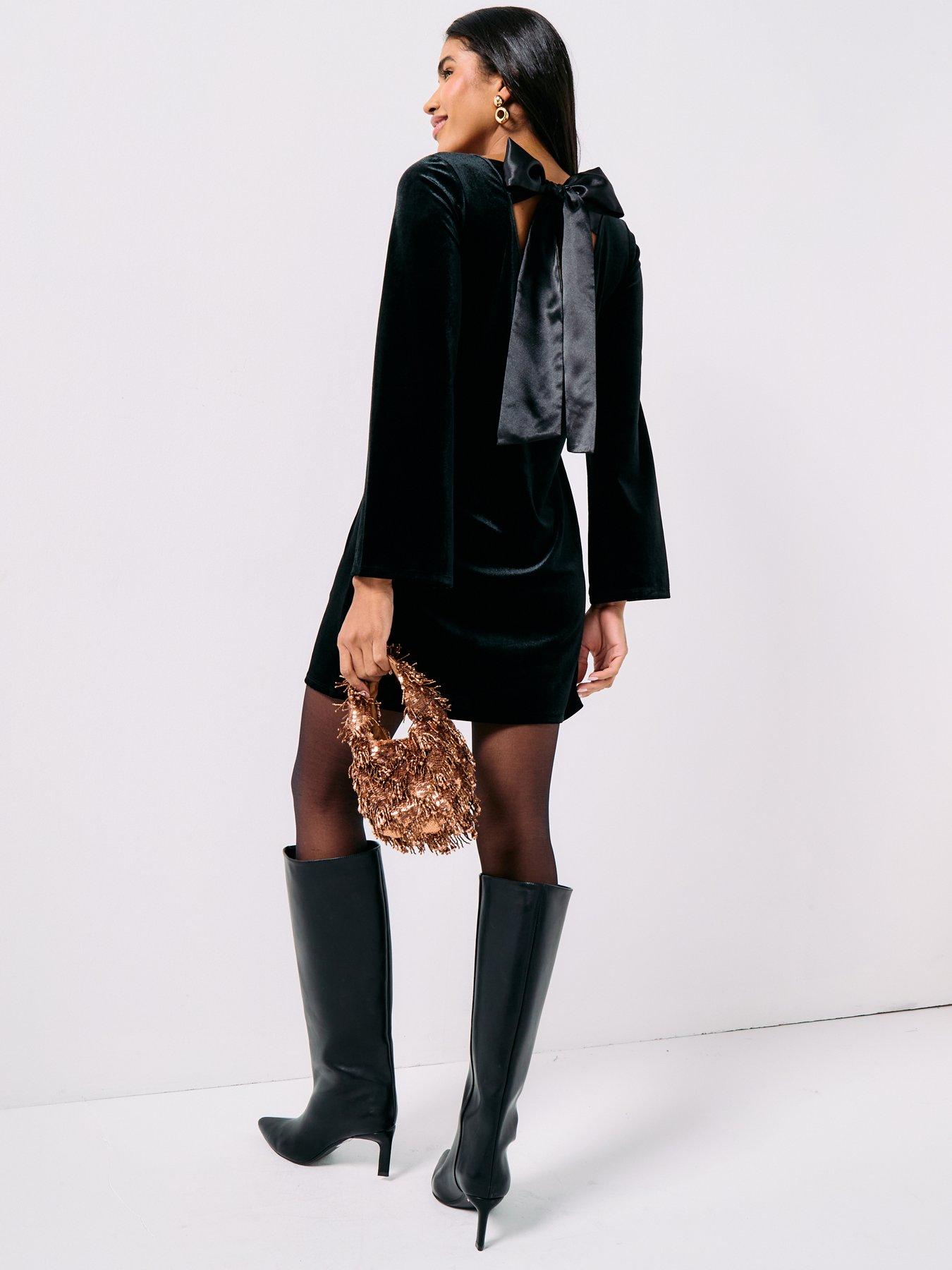 JDY Long Sleeve Velvet Bow Mini Dress - Black