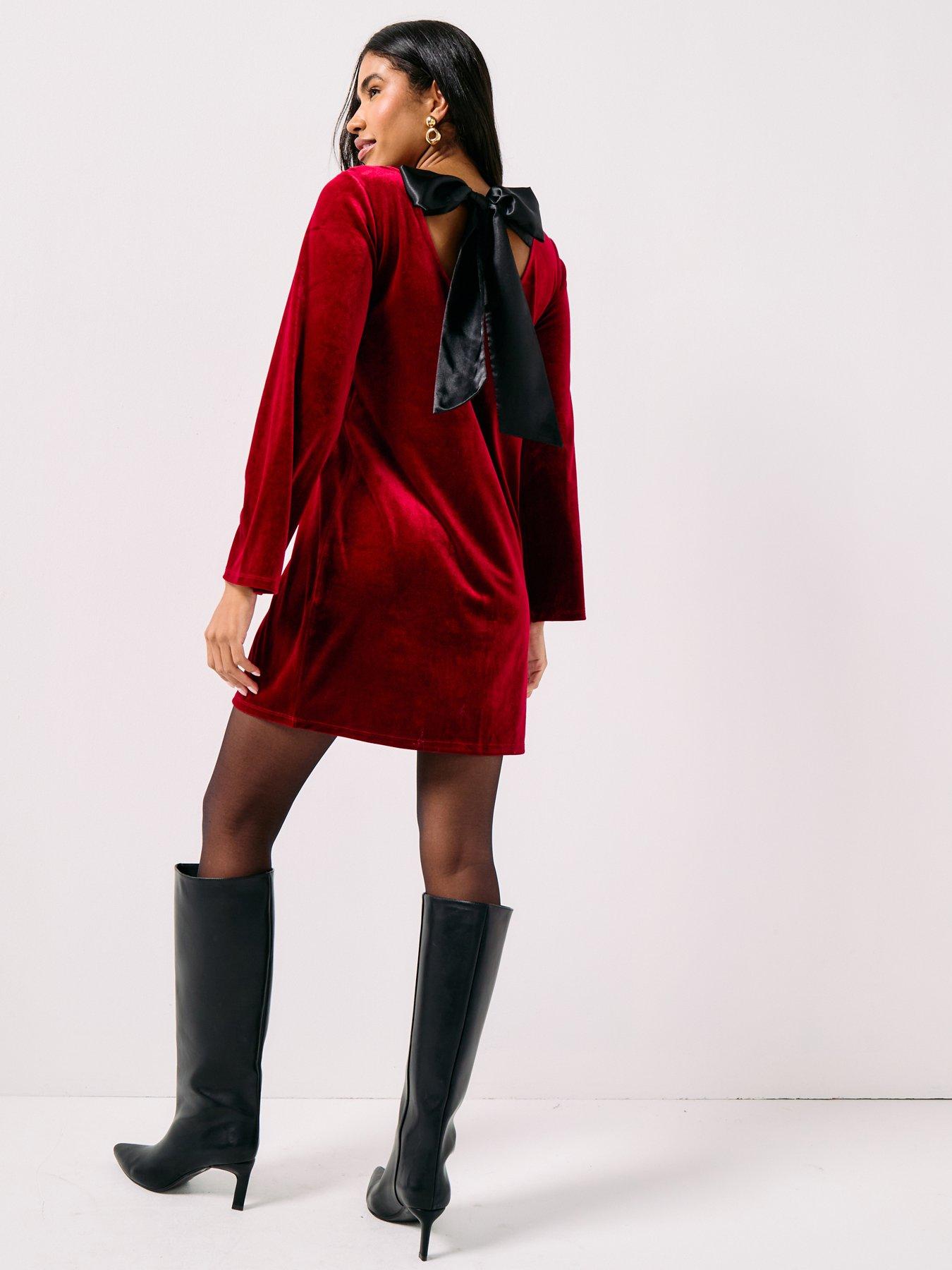 jdy-long-sleeve-velvet-bow-mini-dress-red