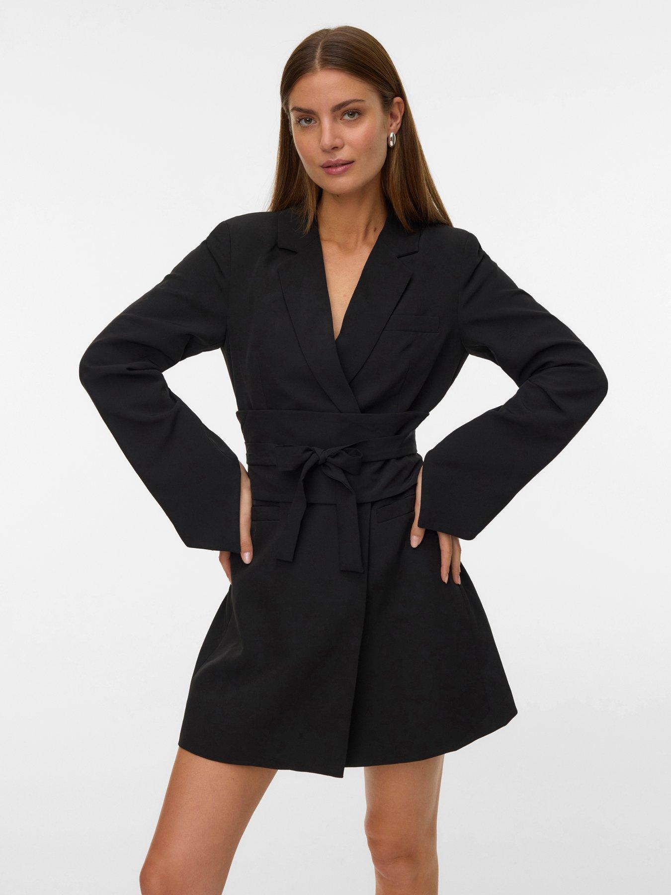  image of vero-moda-becca-long-sleeve-short-belted-blazer-dress-black