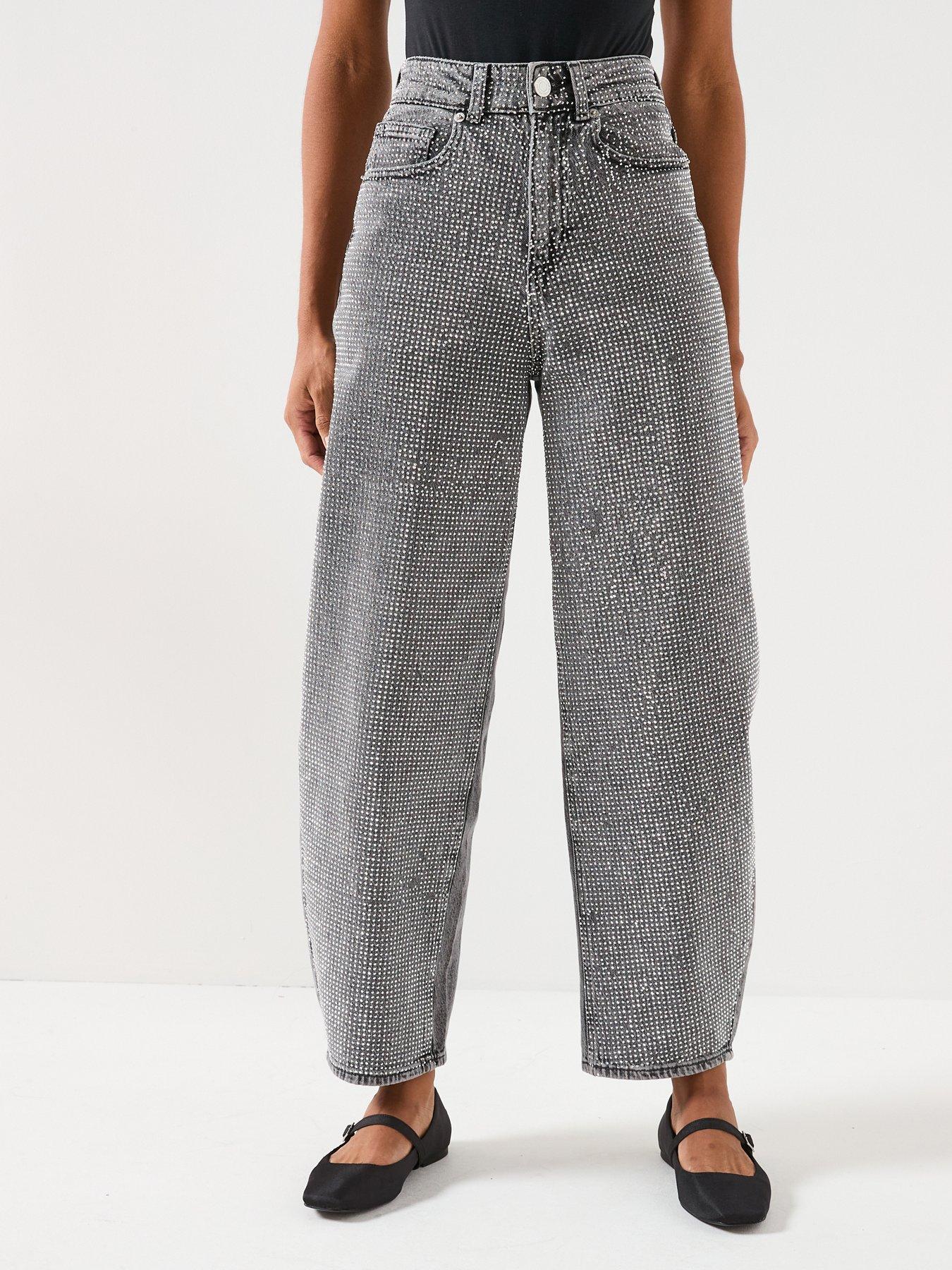 Image 1 of 6 of Vero Moda Billie High Rise Barrel Rhinestone Jeans - Grey