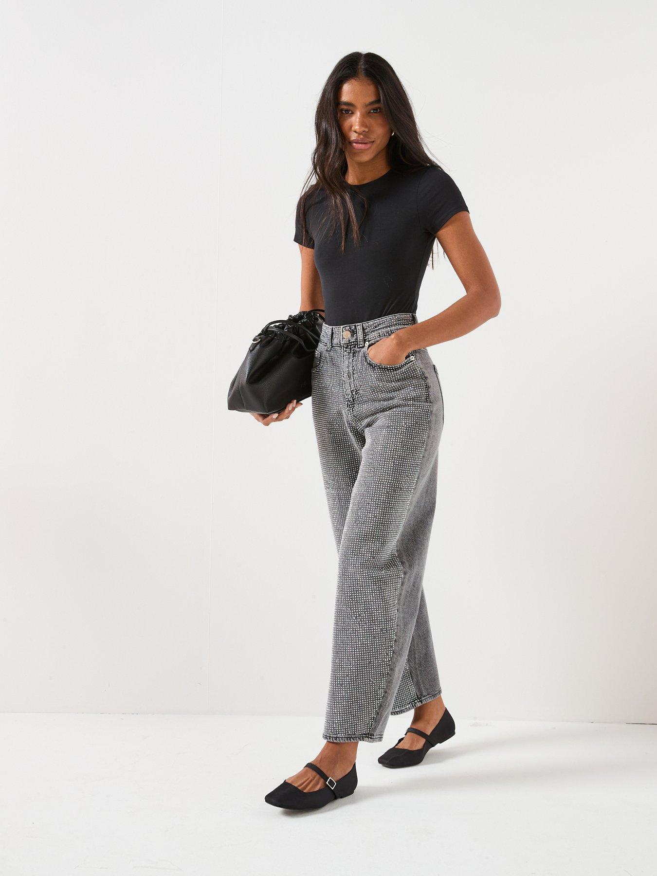 Image 3 of 6 of Vero Moda Billie High Rise Barrel Rhinestone Jeans - Grey