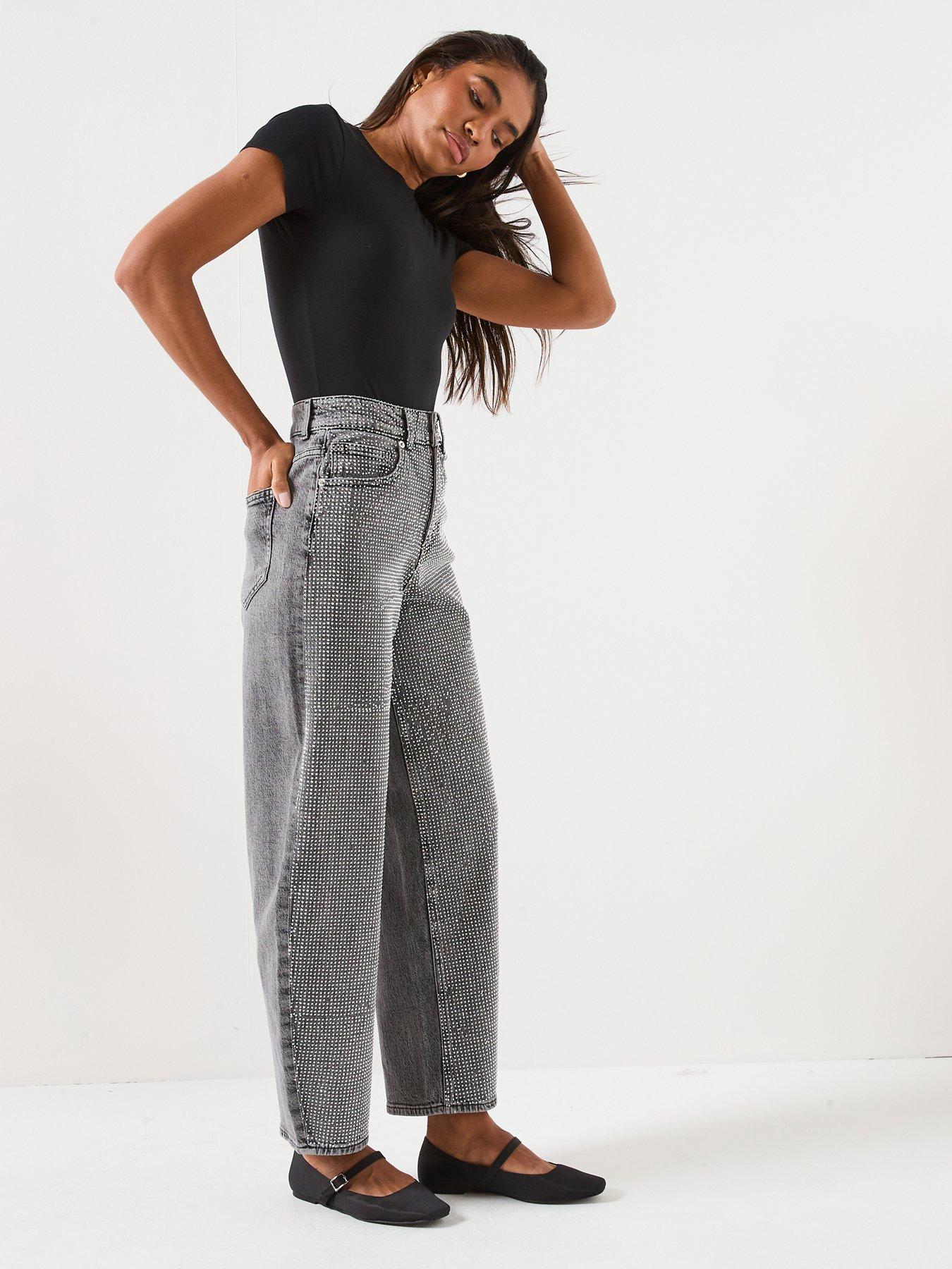 Image 4 of 6 of Vero Moda Billie High Rise Barrel Rhinestone Jeans - Grey